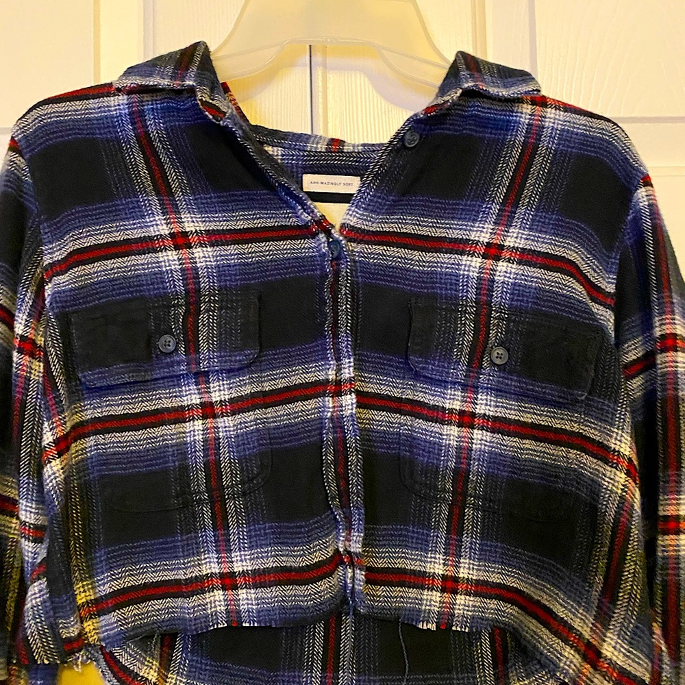 American Eagle Medium blue and orange flannel